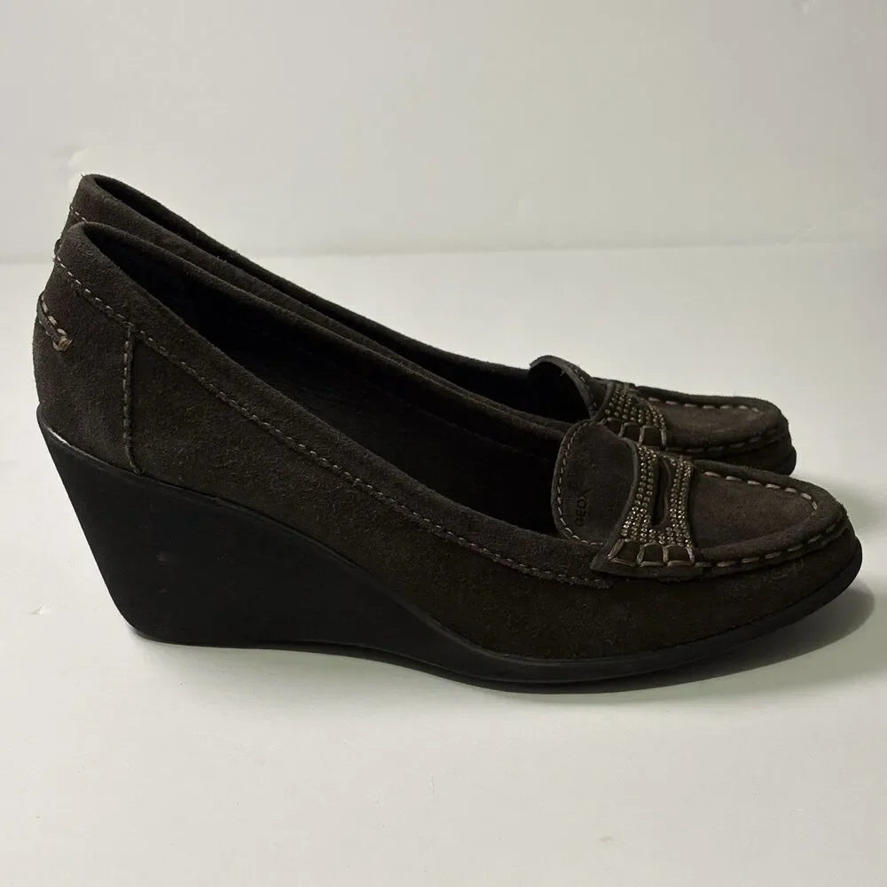 Geox Womens Brown Suede Wedge Loafer Rhinestone US 8.5 EU 38.5 Old Money Classic